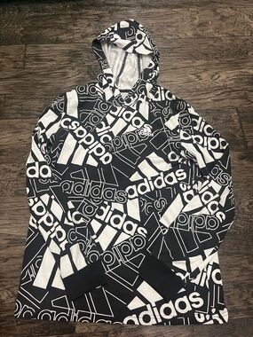 adidas Black & White Logo Print Pullover Hoodie